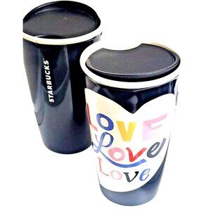 Starbucks Ceramic LOVE Hot Travel Tumbler Set of 2 Black 12 Oz NEW RARE COLLECTI
